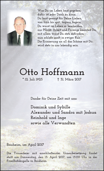 Traueranzeige von Otto Hoffmann von trauer.extra-tipp-moenchengladbach.de