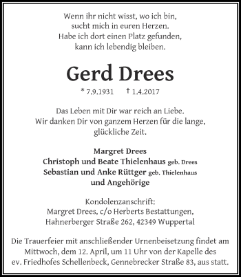 Traueranzeige von Gerd Drees von trauer.wuppertaler-rundschau.de