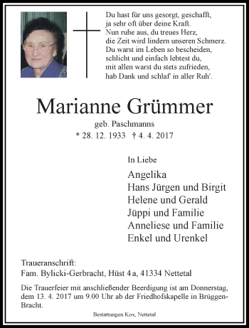 Traueranzeige von Marianne Grümmer von trauer.extra-tipp-moenchengladbach.de