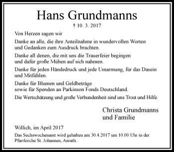 Traueranzeige von Hans Grundmanns von trauer.extra-tipp-moenchengladbach.de