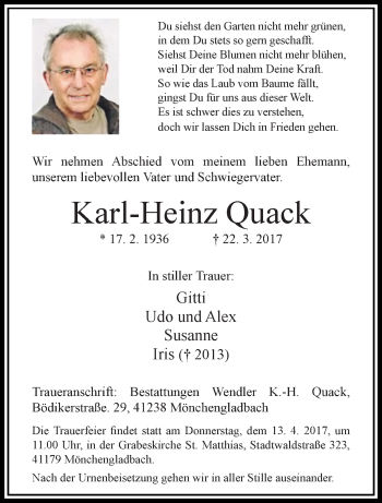 Traueranzeige von Karl-Heinz Quack von trauer.extra-tipp-moenchengladbach.de