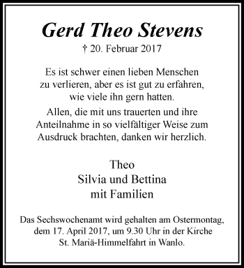 Traueranzeige von Gerd Theo Stevens von trauer.extra-tipp-moenchengladbach.de