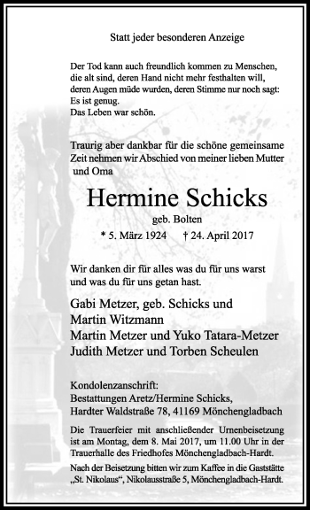 Traueranzeige von Hermine Schicks von trauer.extra-tipp-moenchengladbach.de