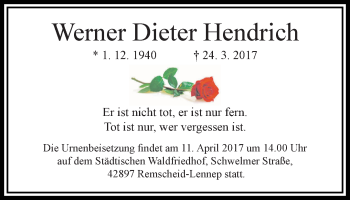 Traueranzeige von Werner Dieter Hendrich von trauer.wuppertaler-rundschau.de