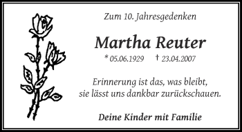 Traueranzeige von Martha Reuter von trauer.wuppertaler-rundschau.de