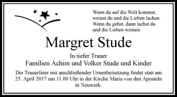 Traueranzeige von Margret Stude von trauer.extra-tipp-moenchengladbach.de