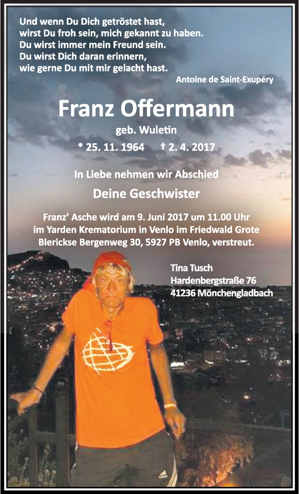  Traueranzeige für Franz Offermann vom 09.04.2017 aus trauer.extra-tipp-moenchengladbach.de