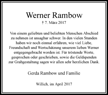 Traueranzeige von Werner Rambow von trauer.extra-tipp-moenchengladbach.de