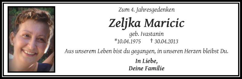  Traueranzeige für Zeljka Maricic vom 29.04.2017 aus trauer.wuppertaler-rundschau.de