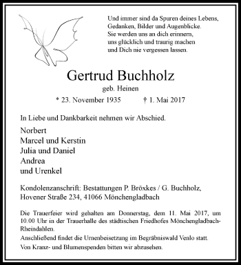 Traueranzeige von Gertrud Buchholz von trauer.extra-tipp-moenchengladbach.de