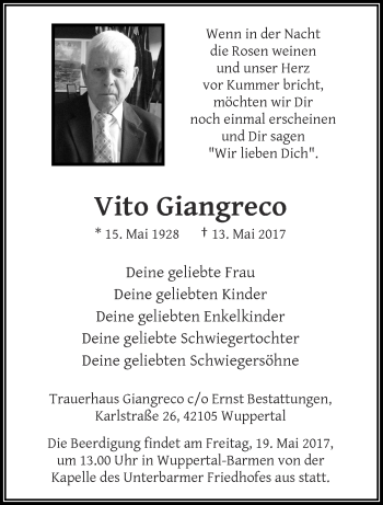 Traueranzeige von Vito Giangreco von trauer.wuppertaler-rundschau.de