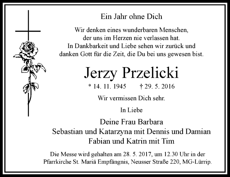  Traueranzeige für Jerzy Przelicki vom 21.05.2017 aus trauer.extra-tipp-moenchengladbach.de