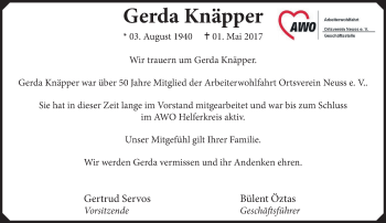 Traueranzeige von Gerda Knäpper von trauer.stadt-kurier.de