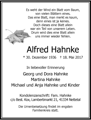 Traueranzeige von Alfred Hahnke von trauer.extra-tipp-moenchengladbach.de