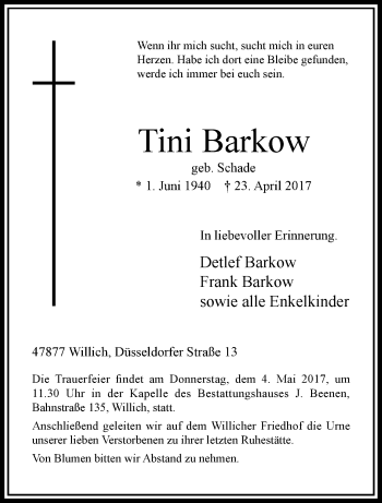 Traueranzeige von Tini Barkow von trauer.extra-tipp-moenchengladbach.de
