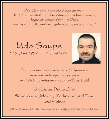 Traueranzeige von Udo Saupe von trauer.wuppertaler-rundschau.de