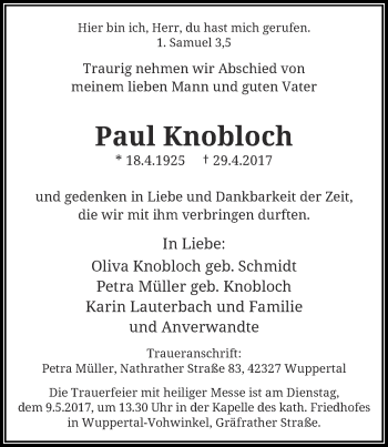 Traueranzeige von Paul Knobloch von trauer.wuppertaler-rundschau.de