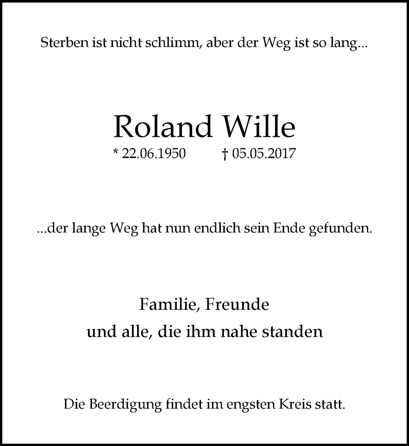  Traueranzeige für Roland Wille vom 07.05.2017 aus trauer.mein.krefeld.de