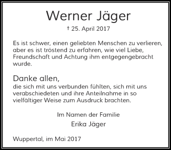 Traueranzeige von Werner Jäger von trauer.wuppertaler-rundschau.de