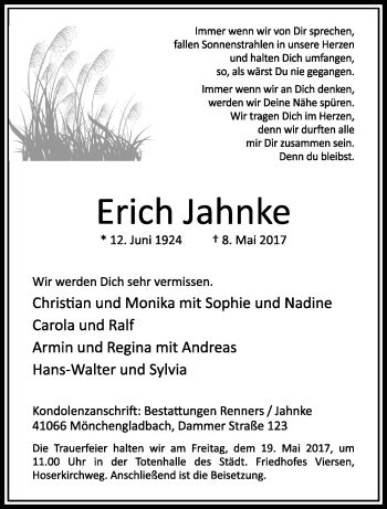 Traueranzeige von Erich Jahnke von trauer.extra-tipp-moenchengladbach.de
