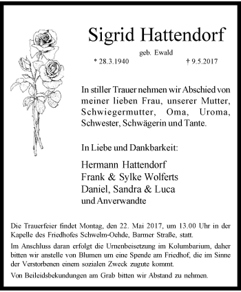 Traueranzeige von Sigrid Hattendorf von trauer.wuppertaler-rundschau.de