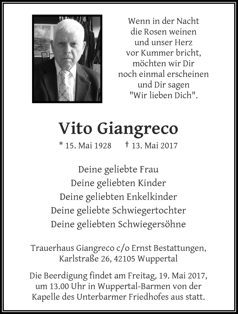  Traueranzeige für Vito Giangreco vom 17.05.2017 aus trauer.wuppertaler-rundschau.de