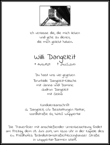 Traueranzeige von Willi Dangeleit von trauer.wuppertaler-rundschau.de