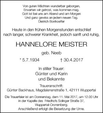 Traueranzeige von Hannelore Meister von trauer.wuppertaler-rundschau.de