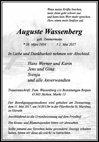 Traueranzeige von Auguste Wassenberg von trauer.stadt-kurier.de