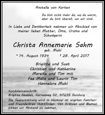 Traueranzeige von Christa Annemarie Sahm von trauer.extra-tipp-moenchengladbach.de
