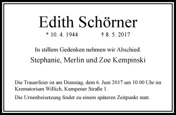 Traueranzeige von Edith Schörner von trauer.extra-tipp-moenchengladbach.de