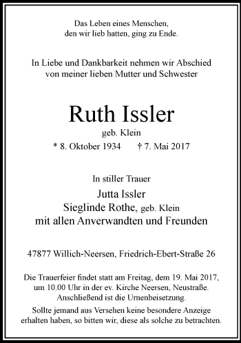 Traueranzeige von Ruth Issler von trauer.extra-tipp-moenchengladbach.de