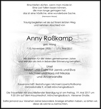 Traueranzeige von Anny Roßkamp von trauer.extra-tipp-moenchengladbach.de