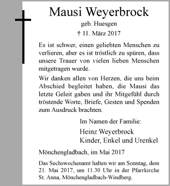 Traueranzeige von Mausi Weyerbrock von trauer.extra-tipp-moenchengladbach.de