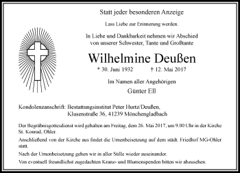 Traueranzeige von Wilhelmine Deußen von trauer.extra-tipp-moenchengladbach.de