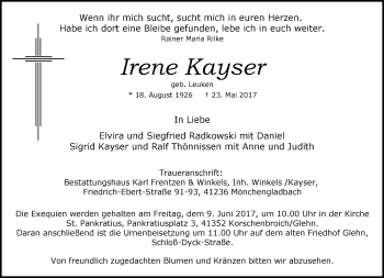 Traueranzeige von Irene Kayser von trauer.extra-tipp-moenchengladbach.de
