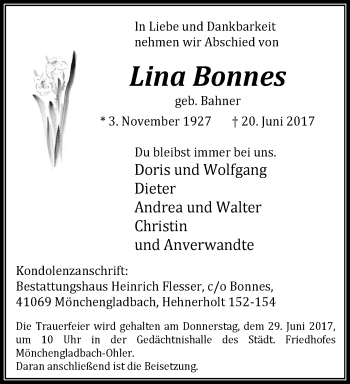 Traueranzeige von Lina Bonnes von trauer.extra-tipp-moenchengladbach.de