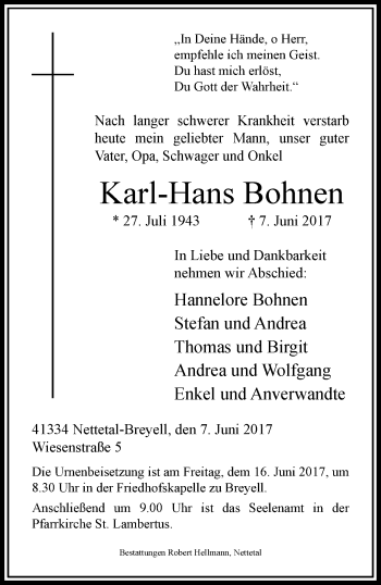 Traueranzeige von Karl-Hans Bohnen von trauer.extra-tipp-moenchengladbach.de