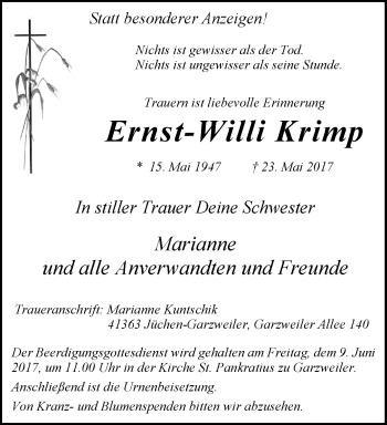 Traueranzeige von Ernst-Willi Krimp von trauer.stadt-kurier.de