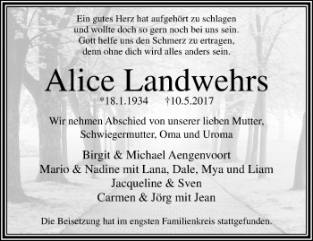 Traueranzeige von Alice Landwehrs von trauer.mein.krefeld.de