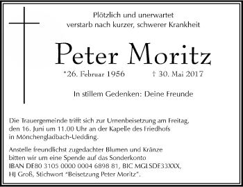 Traueranzeige von Peter Moritz von trauer.extra-tipp-moenchengladbach.de