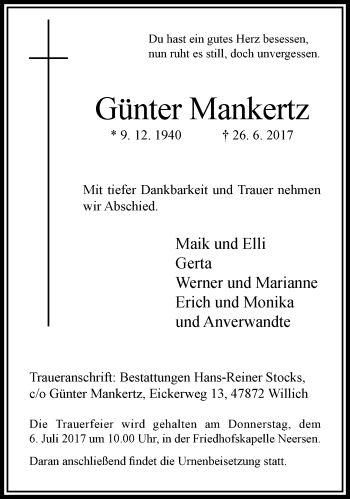 Traueranzeige von Günter Mankertz von trauer.extra-tipp-moenchengladbach.de