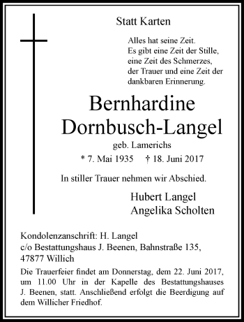 Traueranzeige von Bernhardine Dornbusch-Langel von trauer.extra-tipp-moenchengladbach.de