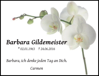 Traueranzeige von Barbara Gildemeister von trauer.wuppertaler-rundschau.de