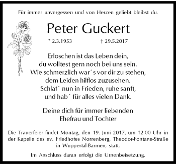 Traueranzeige von Peter Guckert von trauer.wuppertaler-rundschau.de