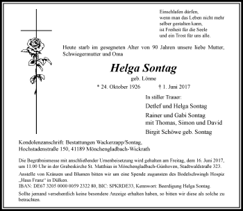 Traueranzeige von Helga Sontag von trauer.extra-tipp-moenchengladbach.de