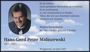 Traueranzeige von Hans-Gerd Peter Maliszewski von trauer.wuppertaler-rundschau.de