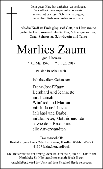 Traueranzeige von Marlies Zaum von trauer.extra-tipp-moenchengladbach.de