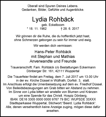 Traueranzeige von Lydia Rohbäck von trauer.wuppertaler-rundschau.de