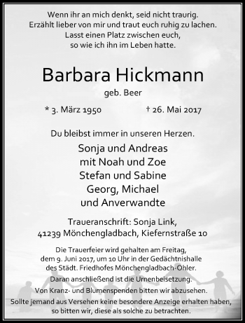 Traueranzeige von Barbara Hickmann von trauer.extra-tipp-moenchengladbach.de